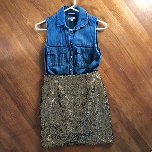 Denim Top + Gold Sequin Skirt